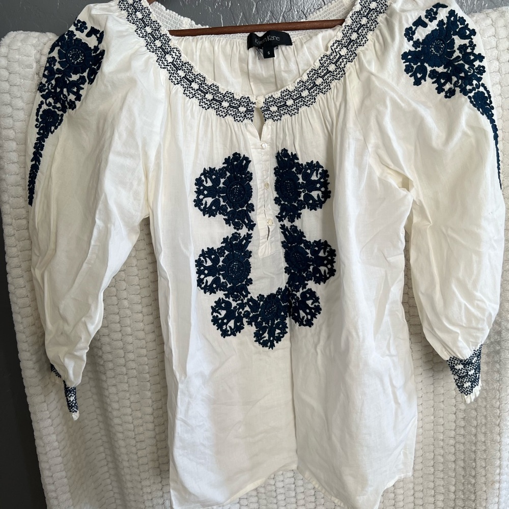 Karen Kane Cream and Navy Embroidered Blouse